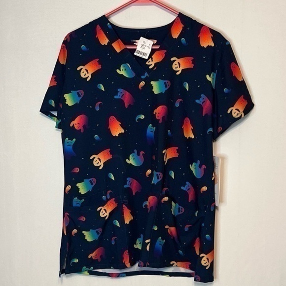 Elite Med Performance Women's Scrub Top Fun Theme V-Neck Pockets Size L.